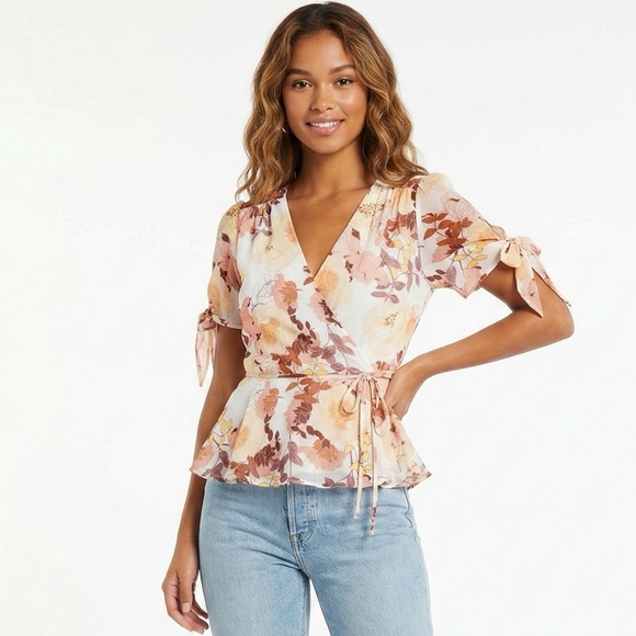 Blue Rain Floral Wrap Top - Pink and Cream - Picture 1 of 4